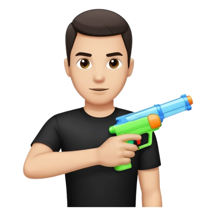 male portrait in black shirt with a water gun sticker