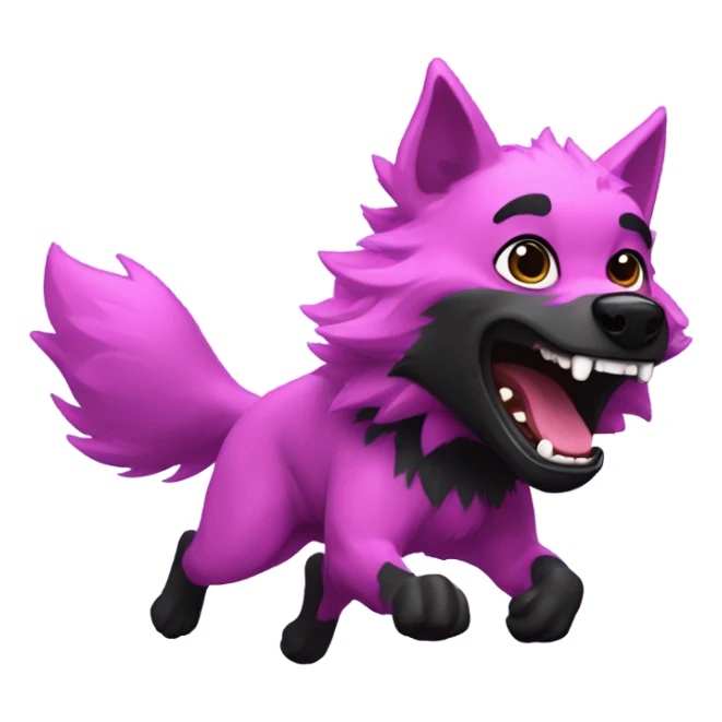 A pink and black werewolf happily chasing a purple puppy sticker