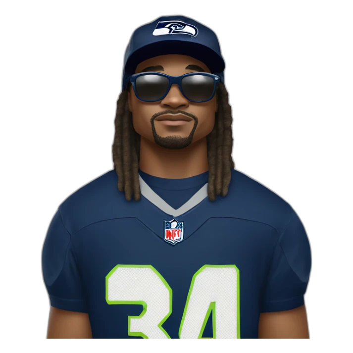 marshawn lynch in a seattle seahawks jersey wearing sunglasses and a baseball cap saying I'm just here so I dont get fined sticker