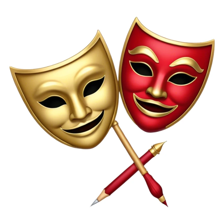 Create a bold and dramatic emoji representing the art of playwriting. The design should feature an open script or a theater playbook, with stylized text lines or dramatic dialogue inside. Include elements like a theatrical comedy and tragedy masks, a stage spotlight, or a writting quill to symbolize creativity and performance. Use deep, contrasting colors like red, black, and gold to evoke the intensity and passion of drama. The overall design should feel dramatic, inspiring, and artistic. Make the background transparent. sticker