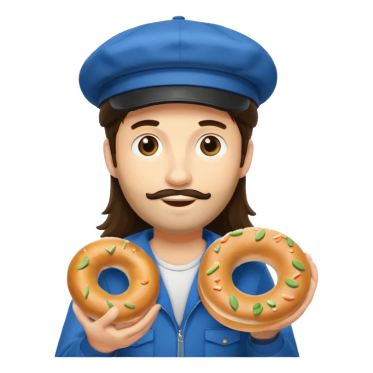 tourist brunette long hair man with cap holding bagel sticker