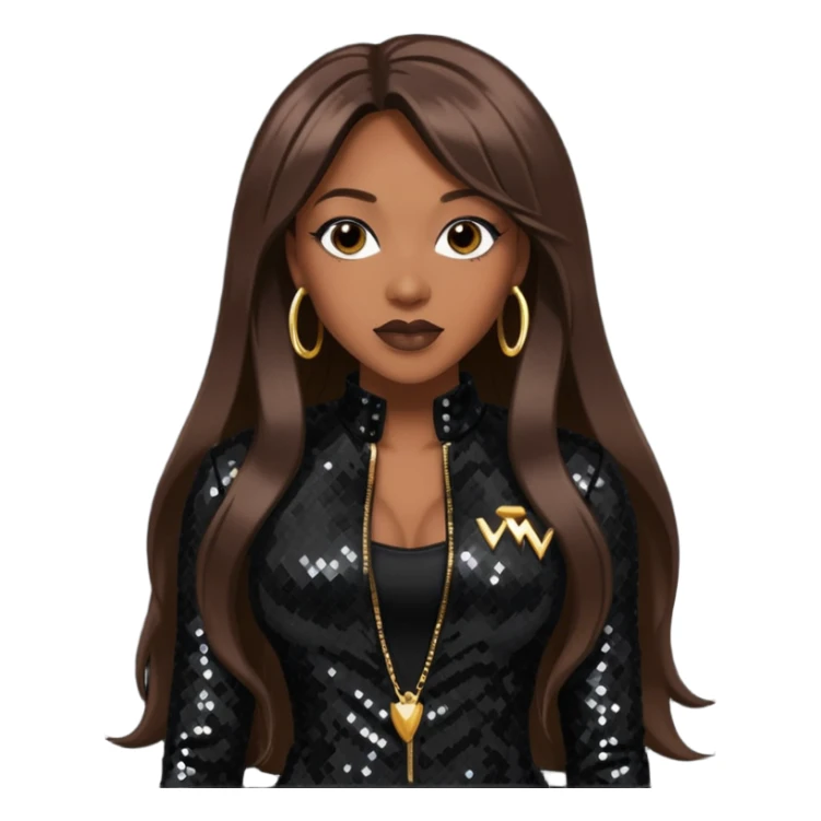 Coko from SWV with long dark brown hair, black sequin outfit sticker