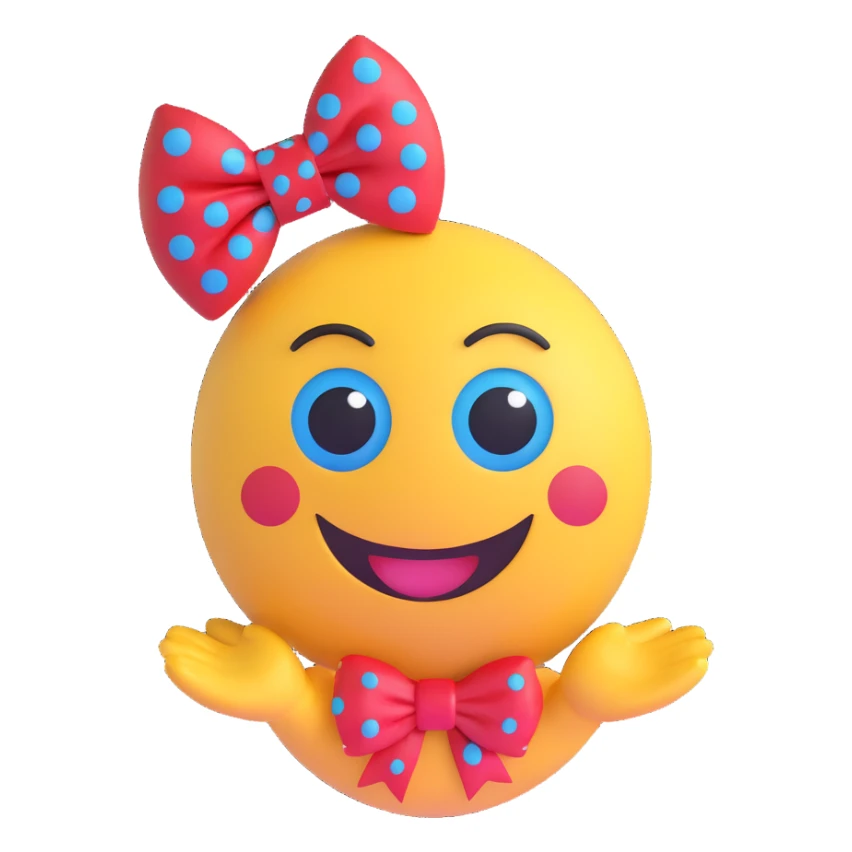 3D smiley emoji, large eyelashes, red polka dot bow, winking, waving, happy, blue eyes, cute style sticker