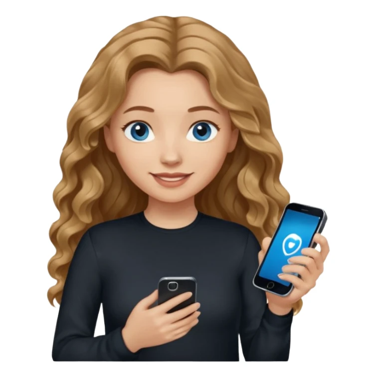 generate a pretty woman with blue eyes, light skin and medium brown long and really wavy shiny hair holding a phone she is looking at the phone while looking down at the screen. she is wearing an ALL black long sleeve. she is smiling sticker