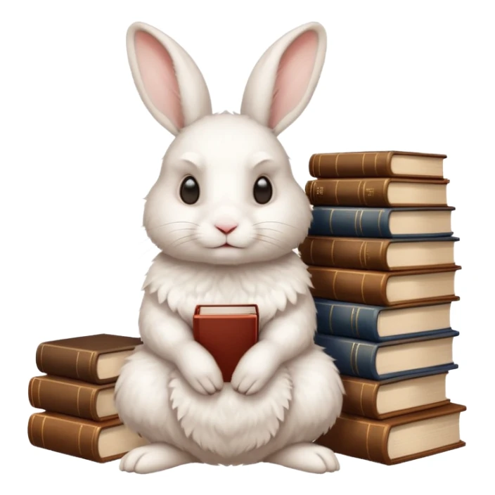 White rabbit sitting horizontally in a natural position on 4 legs, without a book.  There are 3 books nearby. books lie on top of each other other in brown tones

 sticker