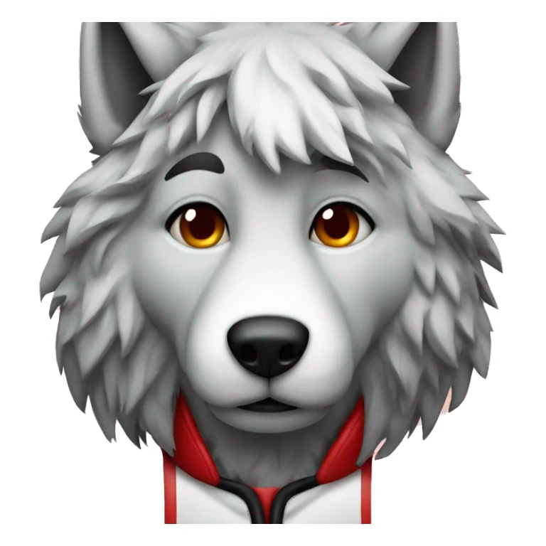 A wolf in a hockey uniform in red black and white with sticker