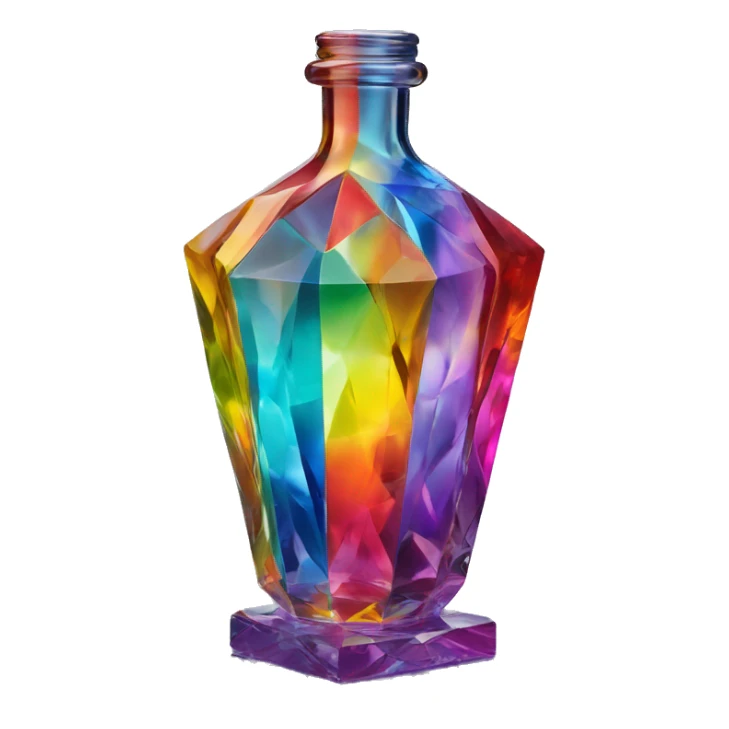 symbolic all-energies in a bottle sculpture symbolizing chromatic light with a geometric, faceted design. The bottle is standing upright with angular and baroque features. The vibrant rainbow of colors highlights the sharp edges and planes.  sticker