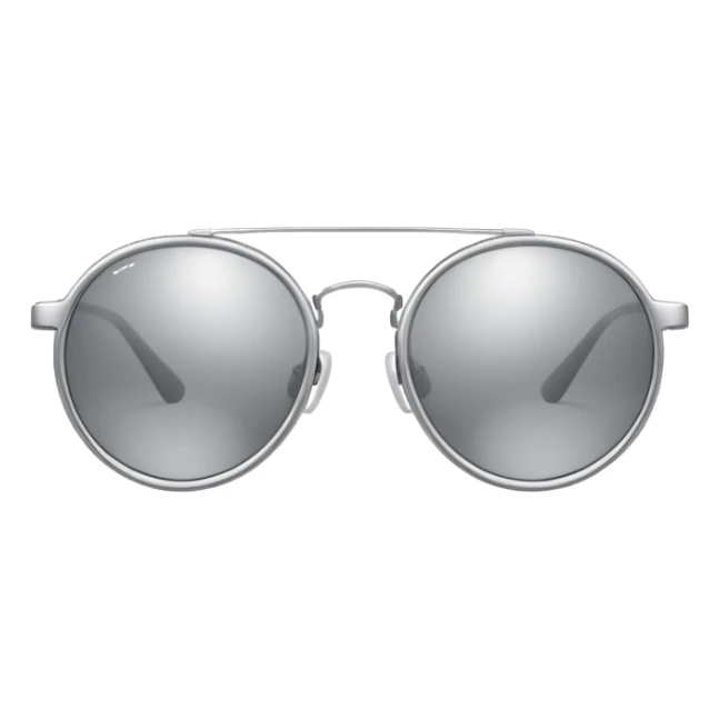 A pair of luxury sunglasses emoji with silver chrome frame, smooth rounded lenses, reflective metallic surface, high-end swag aesthetic, minimal and clean design, iOS emoji style, centered, white background sticker