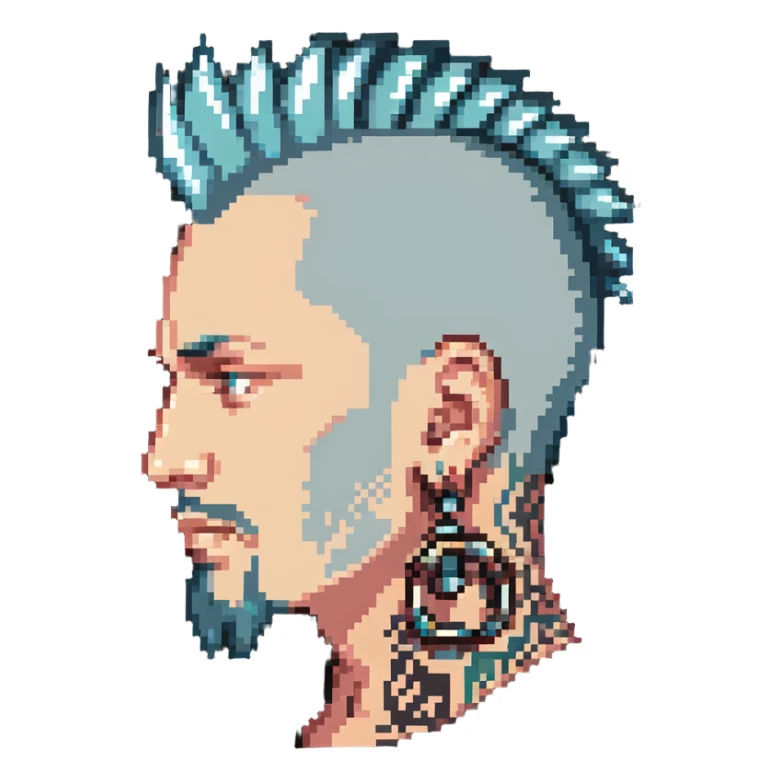 head of a white man with a goatee, mohawk, earring, and head tattoo sticker