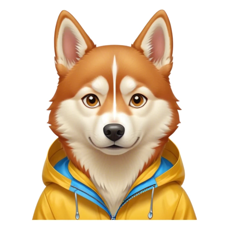 cute, disney-style red siberian husky with blue eyes, wearing a yellow rain jacket sticker