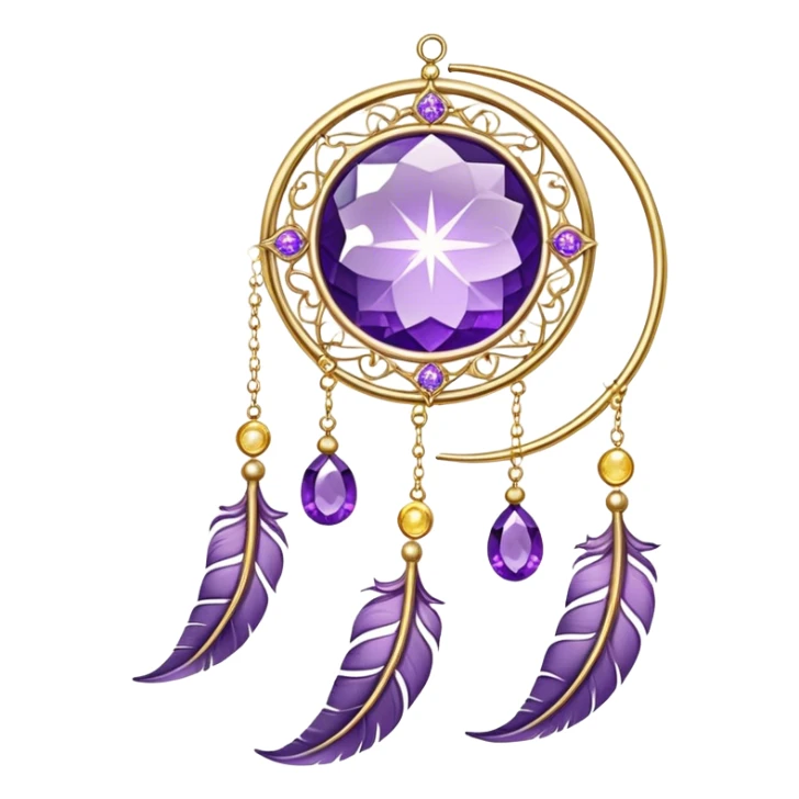 Epic beautiful gorgeous cute gold suncatcher, threads with shiny sparkly amethyst gemstones, flowers, crescents-moons, stars, violet Feather sticker