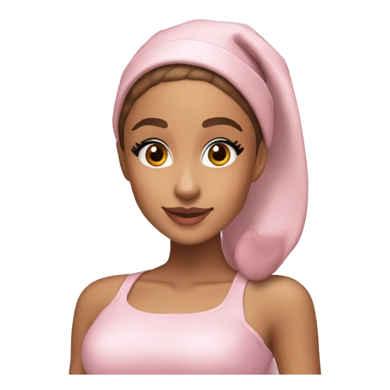 Ariana grande in a light pink christmas outfit wearing a light pink christmas hat sticker