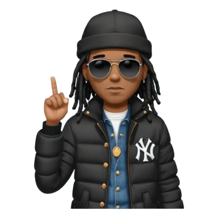 African American man with shoulder length black dreadlocks wearing black sunglasses with black bubble winter coat wearing a New York Yankees baseball hat wearing denim skinny jeans and timberland boots with finger pointing to his head sticker