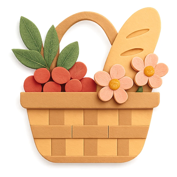 a picnic basket with berries, bread, and flowers, warm pastel shades, paper craft style sticker