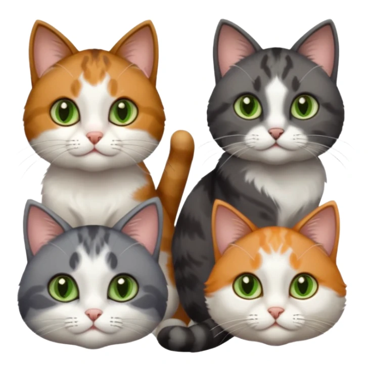 3 different coloured small cats including a dark grey and white, and a patchy calico with hazel eyes and a completely solid dark grey with green eyes and only white paws sticker