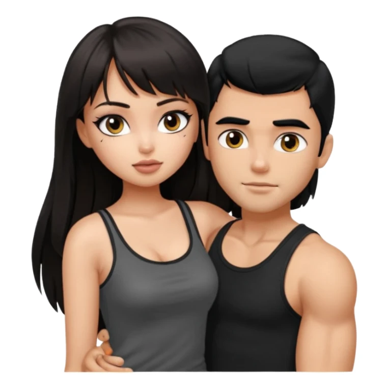 generate a pretty bratz girl in black cami top, dark brown straight long hair with bangs, eyeliner on, 

hugging a handsome muscular boy with black hair and a grey tshirt sticker