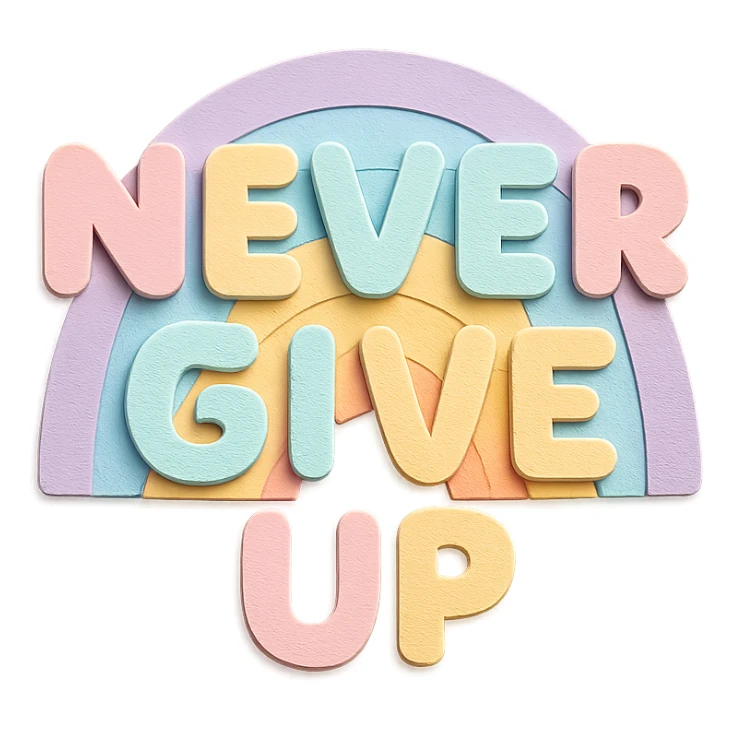 Soft pastel rainbow chubby soft text for "Never Give Up", kawaii design, no outline, transparent background sticker