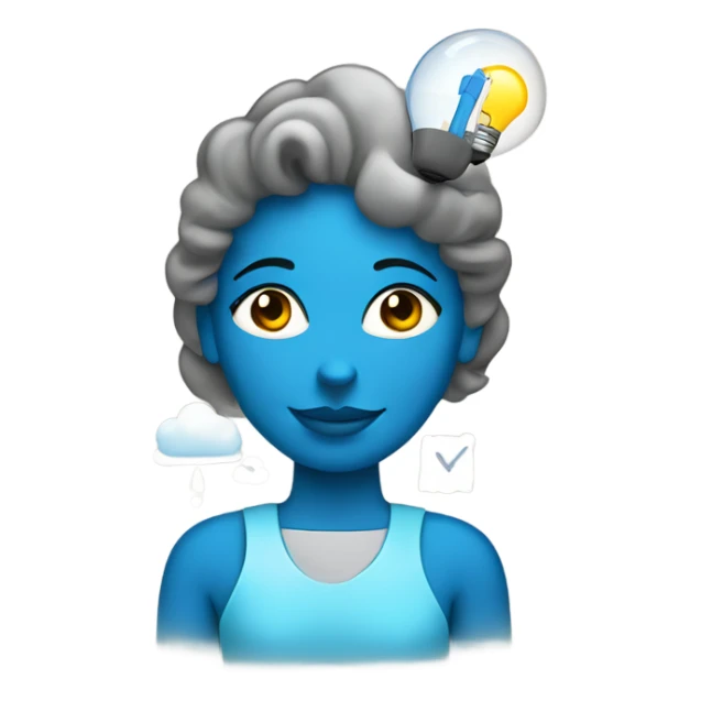 a tech girl with drawing tools, light bulb, cloud, blue heart sticker