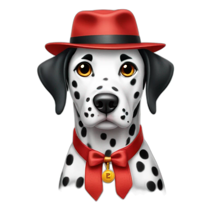 Dalmatian wearing a red fedora and collar sticker