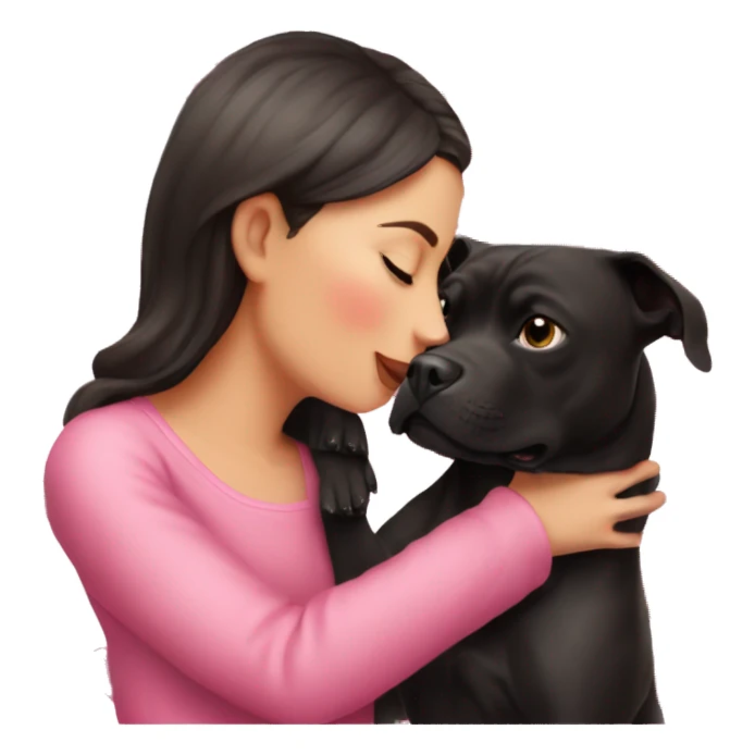 Brunette kissing big black pitbull dog, pink hearts sticker