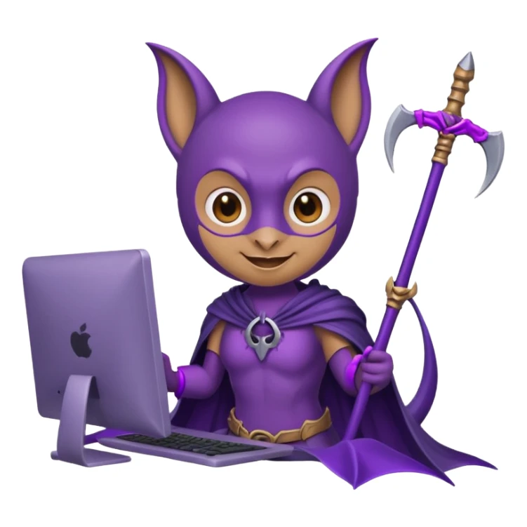 a happy purple bat holding a scythe while sitting in front of her computer sticker