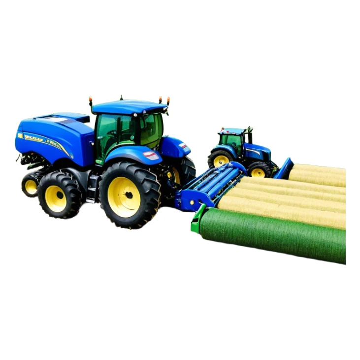 Baler – New Holland Roll-Belt 560 (2018) – Cinematic-realistic John Deere 6155M tractor towing a New Holland Roll-Belt 560 baler, its deep green body contrasting with the bright blue baler. The massive machine moves steadily through golden fields, compressing freshly cut hay into tight round bales, while dust swirls under the blazing afternoon sun. sticker