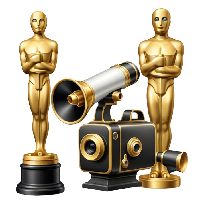Professional icon for Directing: a cinematic collage with a film camera, a megaphone and an Oscar statuette. The icon should convey the prestige and creative mastery of directing, with a focus on film production and recognition. Transparent background. sticker
