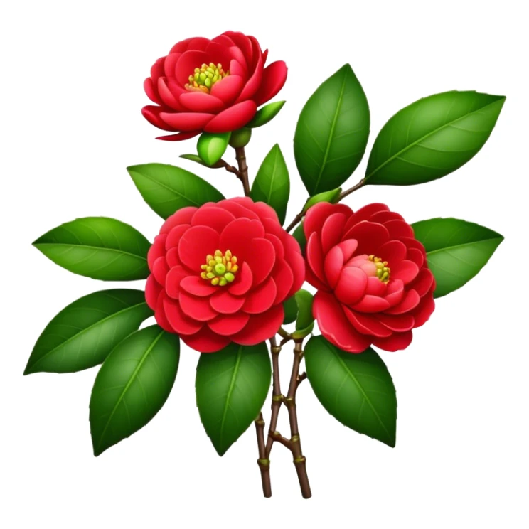 bouquet Red Camellia, luxuriant, stem, leaf, bud sticker