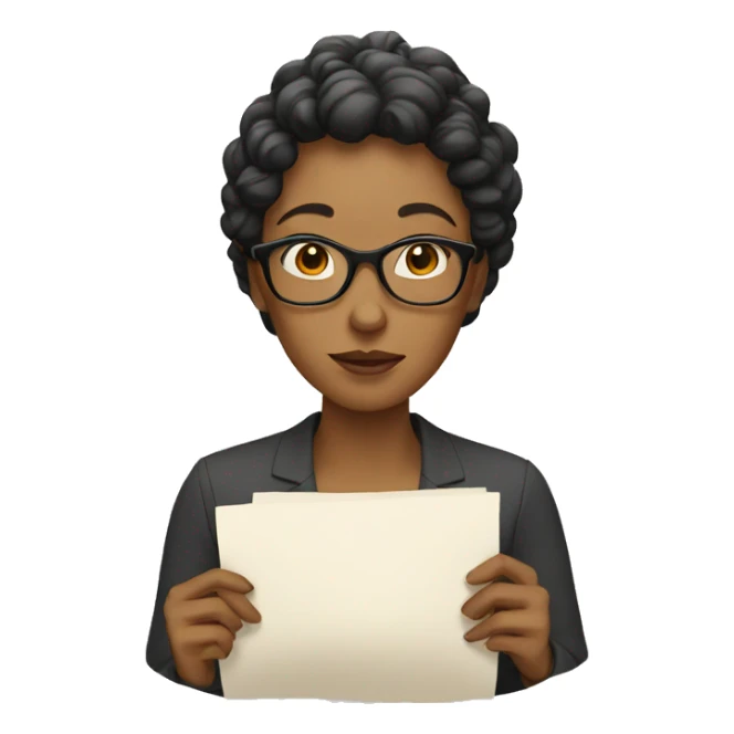 woman with glasses holding paper sticker