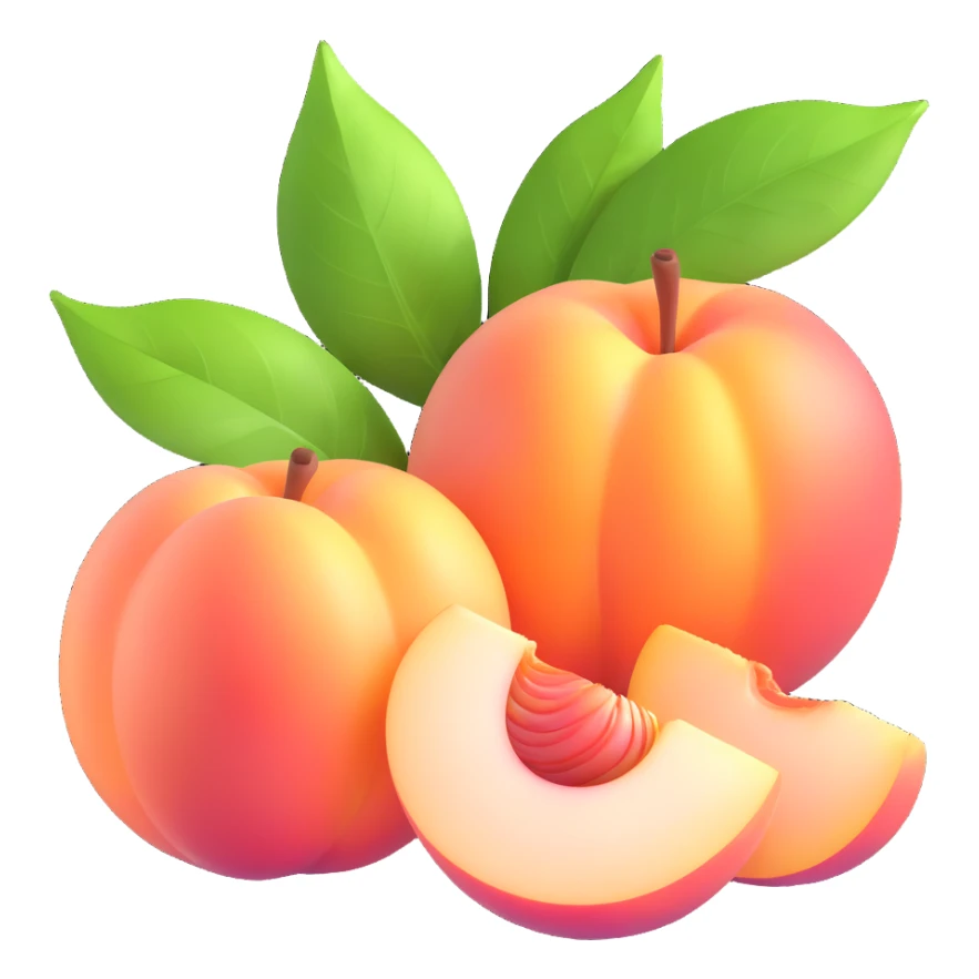 white peach fruit, one whole and one cut open, shiny and smooth, detailed and vibrant, with a green leaf, iOS 3D emoji style sticker
