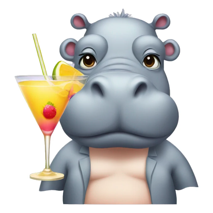 hippo wearing a wig, swimsuit and makeup  with a cocktail sticker