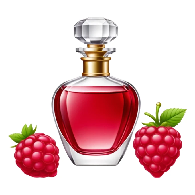 AVON women's perfume bottle next to a raspberry-shaped bottle sticker