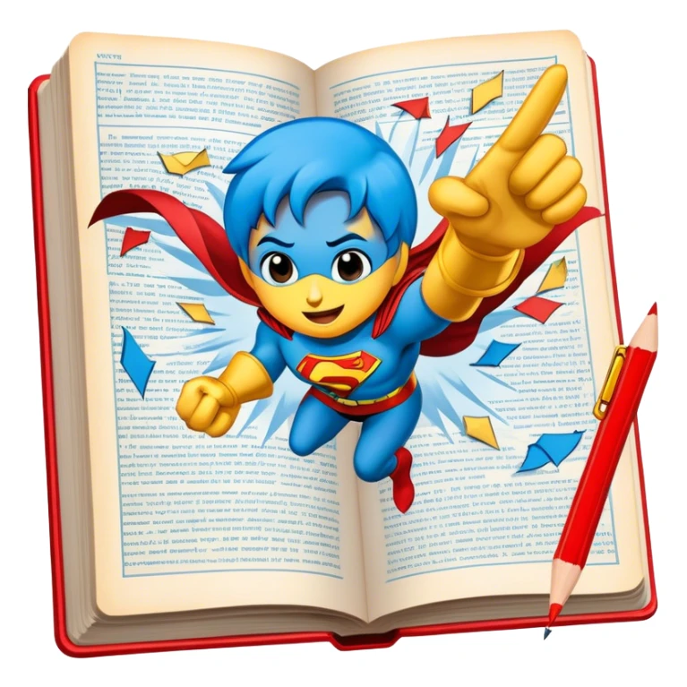 Create a vibrant emoji representing comic books and graphic novels. The design should feature a large, open comic book or vintage comic magazine with pages displaying classic comic art, with text. The comic pages should have bold, dynamic panels and action scenes. Include a pencil writing on the pages, but without a hand, to symbolize the artistic creation of comics. Use bright colors like red, blue, and yellow, with a retro feel to the design. Make the background transparent. sticker