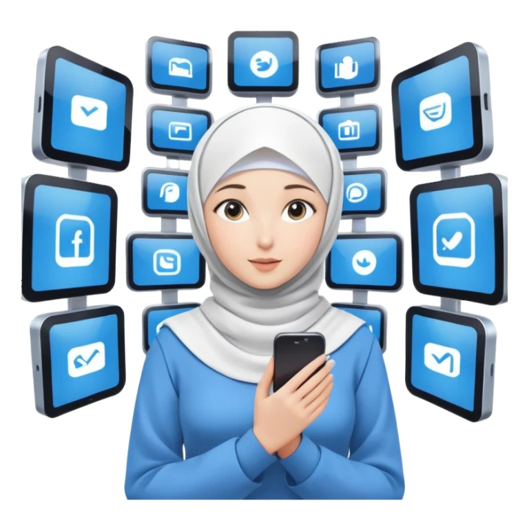 girl with white hijab wearing blue clothes, surrounded by multiple digital screens showing virtual world, metaverse elements, augmented reality displays sticker