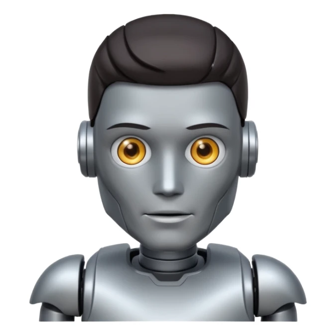male robot with dark hair color and metalic face sticker