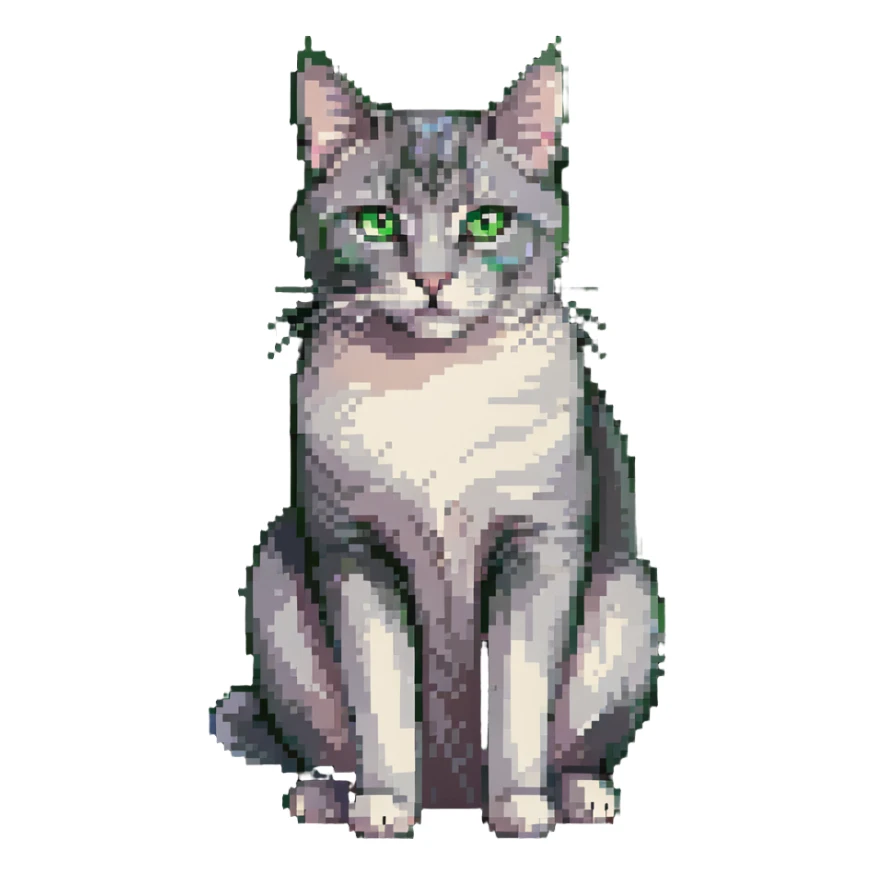 Elegant gray cat with smooth fur, large green eyes, serene expression, sitting facing camera sticker
