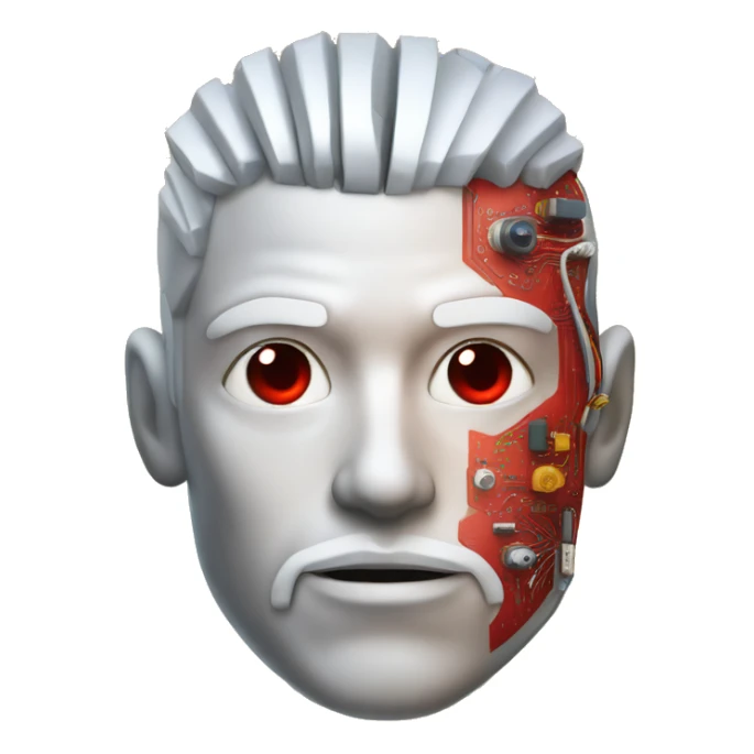 White hair and goatee male cyborg head with red skin and circuits sticker