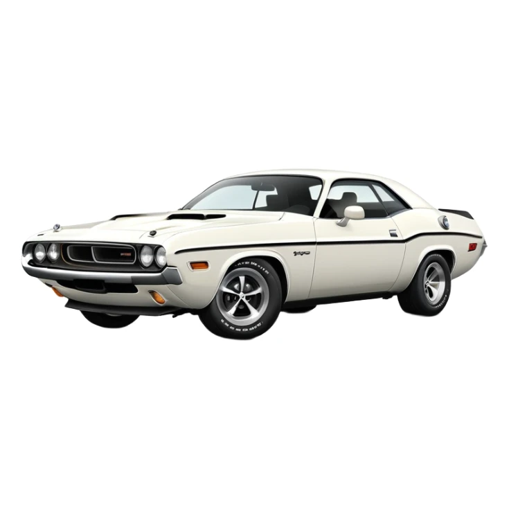 Refined white 1971 Dodge Challenger with exact proportions, perfect three-quarter 30-degree angle view, detailed front end with visible headlights and grille, pure white color, iOS emoji style sticker