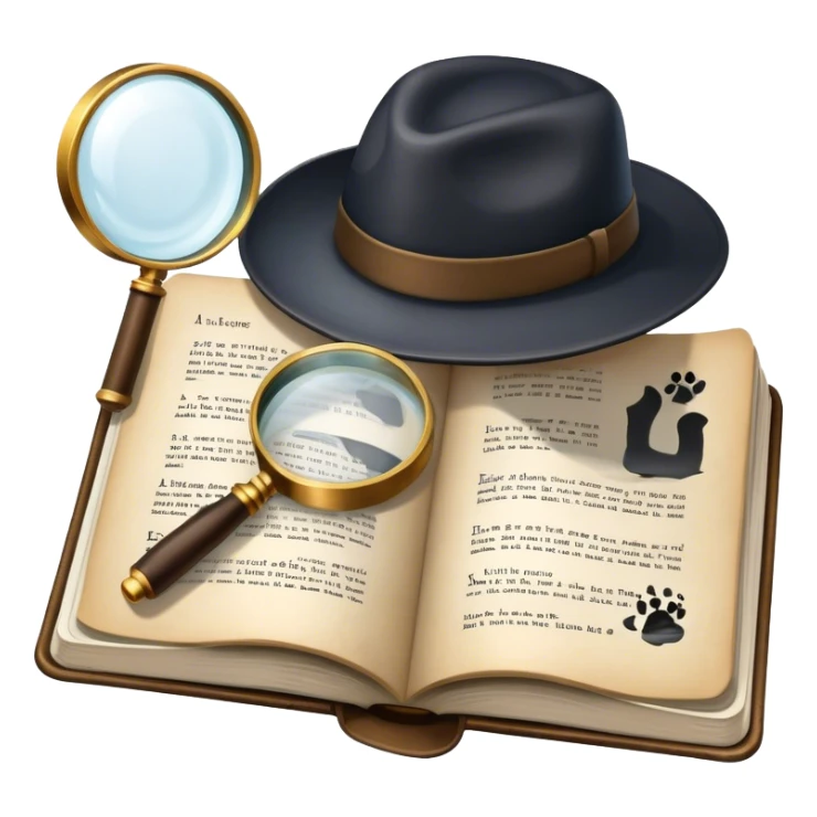 Icon for Detective Reading: an open book with text and a magnifying glass, a detective’s hat and a notebook with clues, surrounded by dark shadows and mysterious elements like footprints. Transparent background. sticker