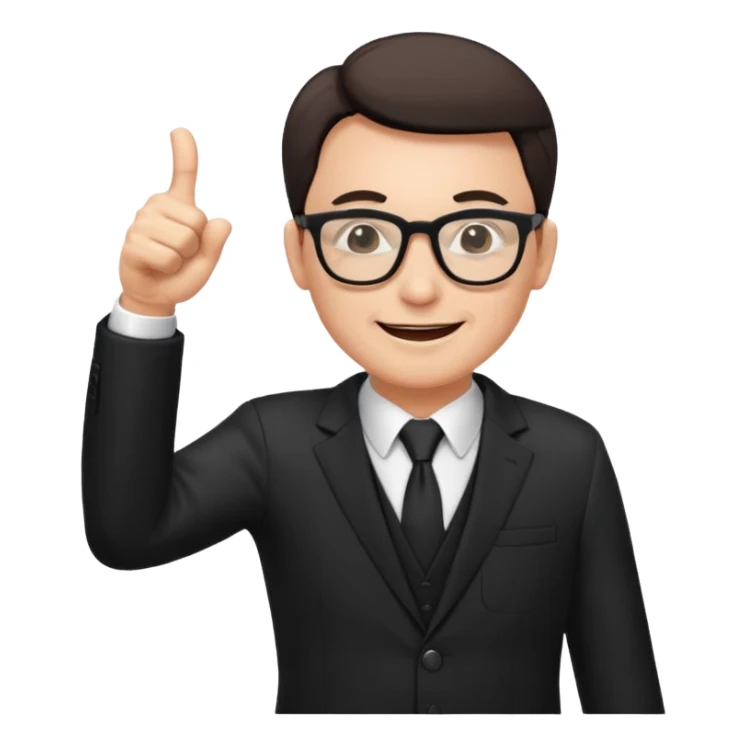 un PROFESOR con terno negro que este parado con sus lentes guiñando el ojo y CON LAS MANOS HACIA ARRIBA DANDO LIKE sticker