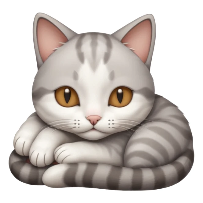 grey and white small cat with its eyes closed lying down with its head resting own paw sticker