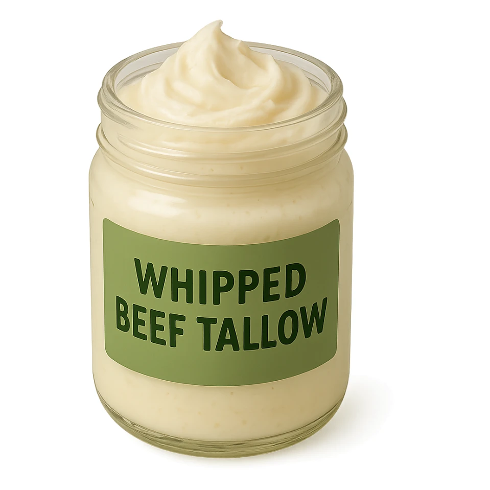 open jar of whipped beef tallow, green label, visible whipped texture, simple style, clean background sticker