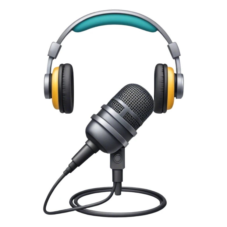 Create an emoji for podcasting. Show a microphone with headphones, symbolizing the recording of a podcast. Use modern, professional colors. Do not include any emojis or smiley faces. Make the background transparent. sticker