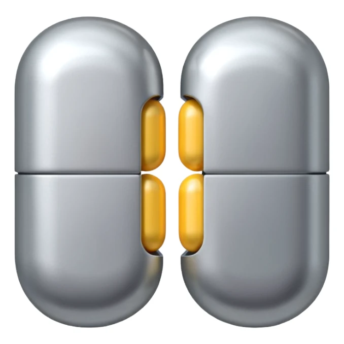 capsule pill emoji, metallic silver halves, smooth glossy finish, futuristic pharmaceutical 3D icon, isolated on white sticker