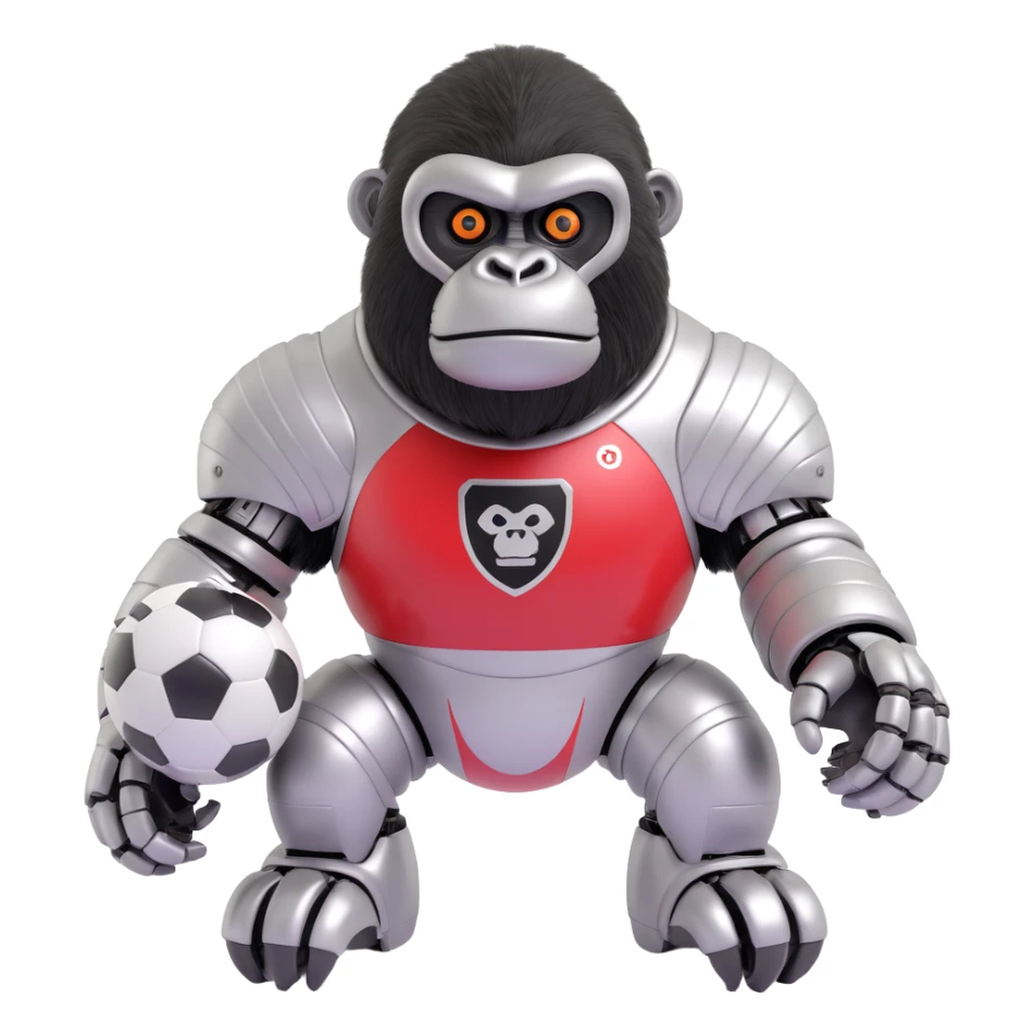 robot gorilla with shiny metal texture, simple face, wearing a Feyenoord football shirt sticker