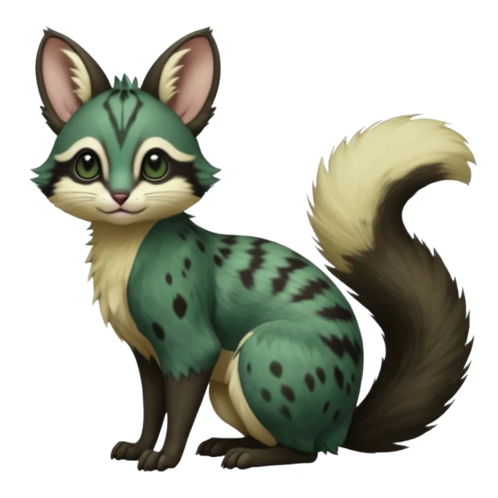Dark-Green, black-pointed, soft natural realistic romantic vintage antique divine beautiful elegant pretty precious cute young youthful  Fakémon-Pokémon-alien-opossum-squirrel-feline-serval-caracal-chinchilla-Minccino-Cinccino-Meowstic-rodent-hybrid-creature with a big fluffy bushy tail (full body) sticker