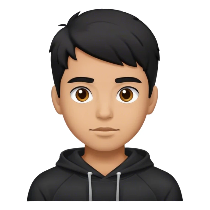 Young Latino male, black hair, wearing a black sweatshirt sticker