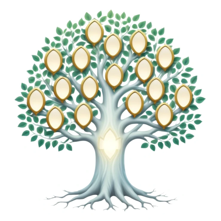 Mystical white tree with soft glowing portrait frames as leaves, ethereal genealogy connecting generations sticker