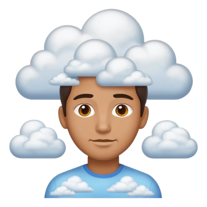 front view human contour from shoulders up, filled entirely with 3D clouds in apple emoji style, clouds like reference sticker