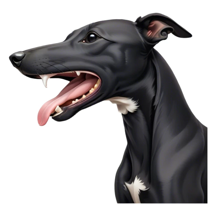 Cinematic Cute Yawning Black Greyhound Portrait Emoji, Head tilted slightly with a dramatic, wide-open yawn, showcasing a sleek black Fur with a polished finish, floppy ears slightly drooping, round dark eyes barely open in drowsy contentment, Simplified yet irresistibly adorable features, highly detailed, glowing with a soft, cozy glow, high shine, relaxed yet expressive, stylized with a touch of whimsy, bright and endearing, soft glowing outline, capturing the essence of a sleepy yet affectionate racer, so drowsy it feels like it could stretch out of the screen and curl up for a nap! sticker